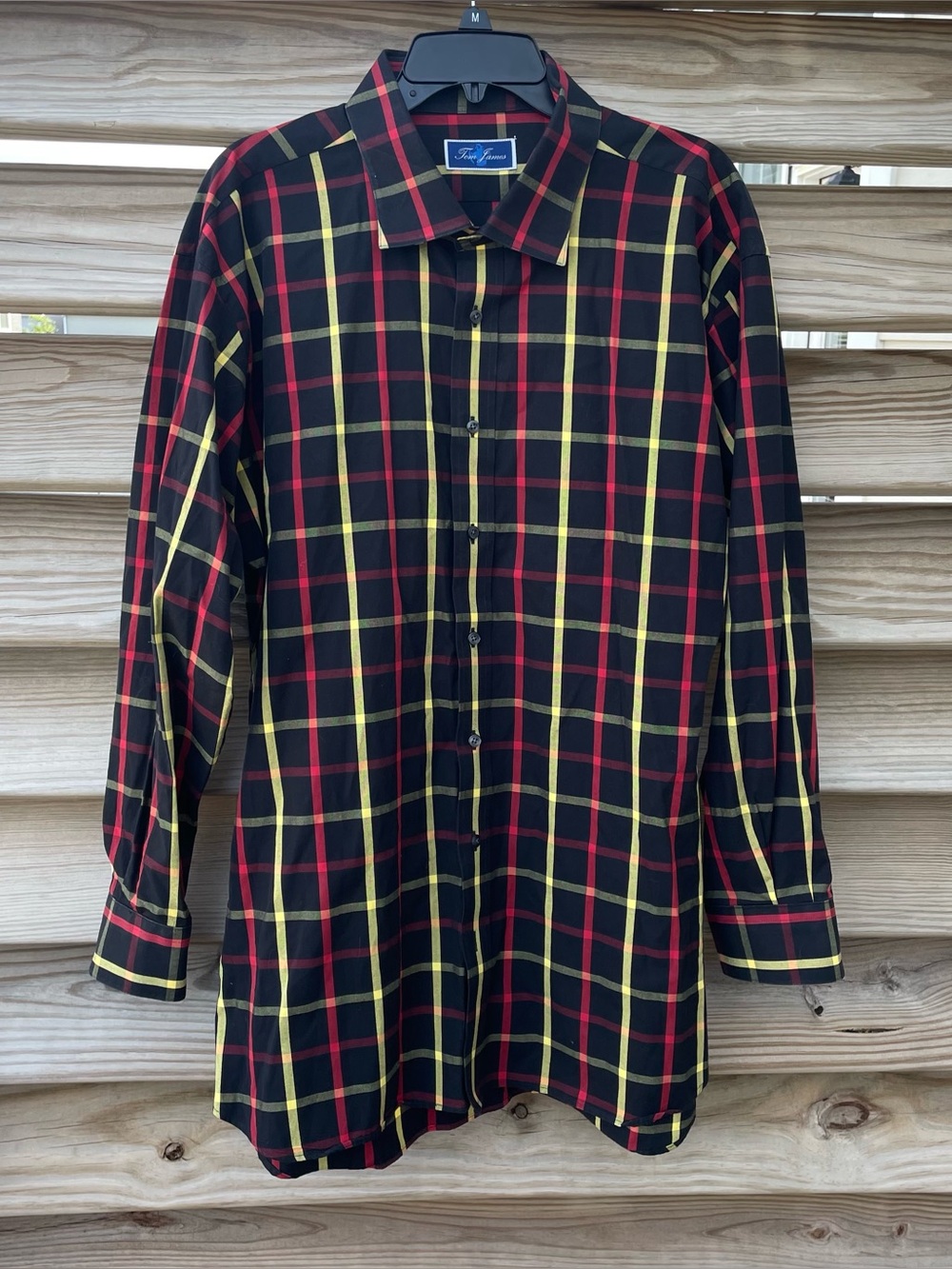 Tom James black red yellow check button up collared Shirt Men XL EUC